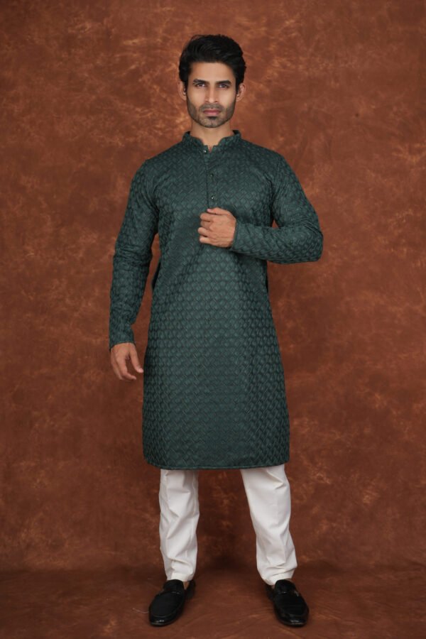 Men wearing royal green textured jacquard kurta with full sleeves and band collar for festive and traditional occasions