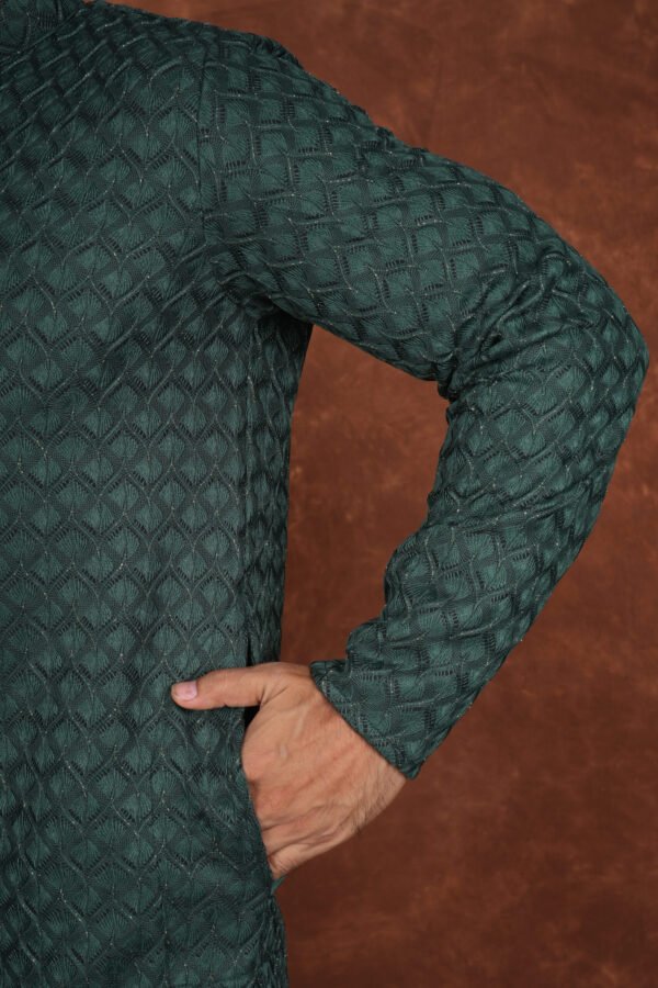 Men wearing royal green textured jacquard kurta with full sleeves and band collar for festive and traditional occasions