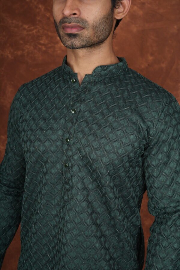 Men wearing royal green textured jacquard kurta with full sleeves and band collar for festive and traditional occasions