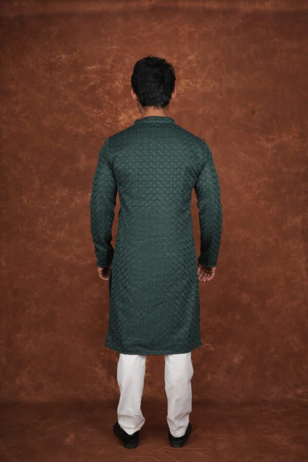 Men wearing royal green textured jacquard kurta with full sleeves and band collar for festive and traditional occasions