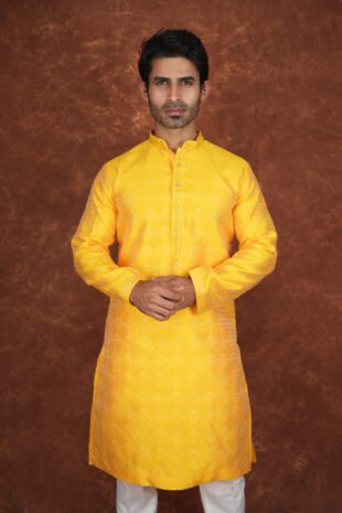Men wearing suryakant jacquard kurta in vibrant yellow with mandarin collar for wedding and festive wear