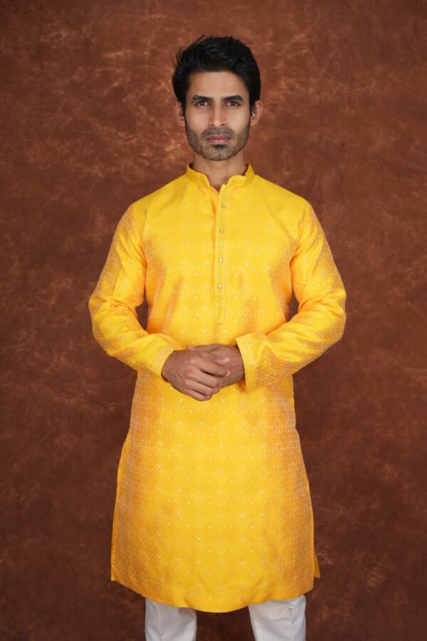Men wearing suryakant jacquard kurta in vibrant yellow with mandarin collar for wedding and festive wear