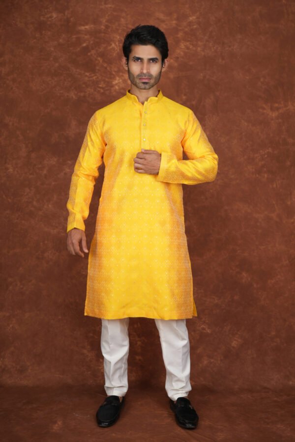 Men wearing suryakant jacquard kurta in vibrant yellow with mandarin collar for wedding and festive wear