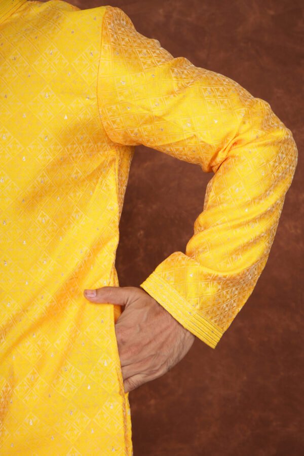 Men wearing suryakant jacquard kurta in vibrant yellow with mandarin collar for wedding and festive wear