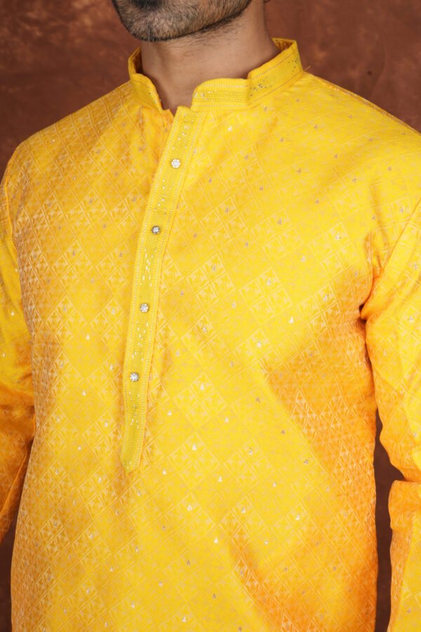 Men wearing suryakant jacquard kurta in vibrant yellow with mandarin collar for wedding and festive wear