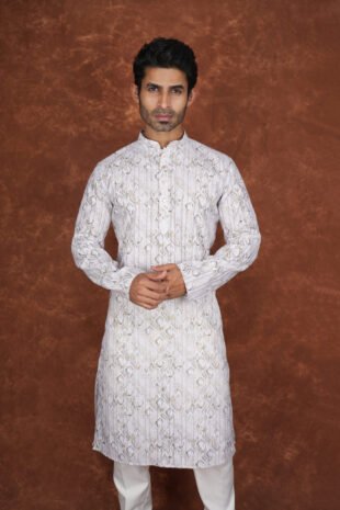 Men wearing light green heritage jacquard kurta with mandarin collar for wedding and festive wear