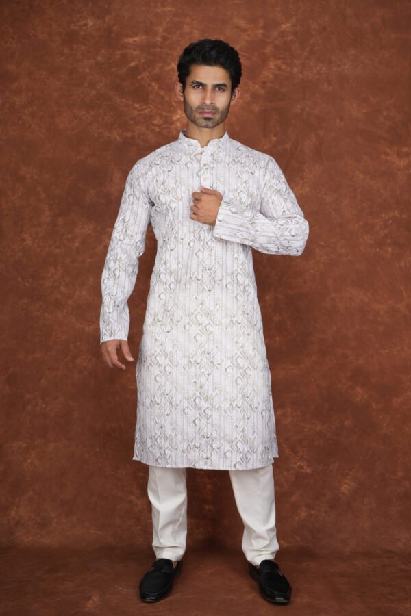 Men wearing light green heritage jacquard kurta with mandarin collar for wedding and festive wear