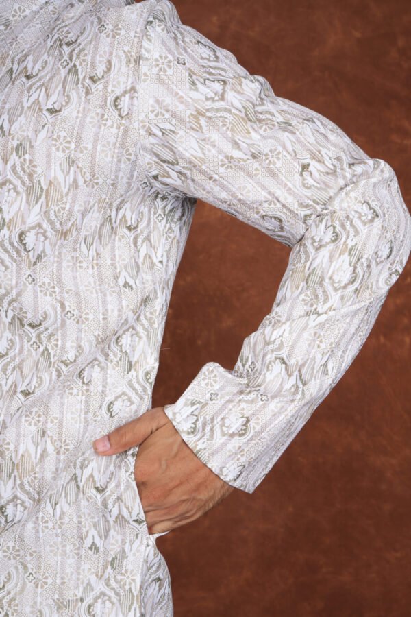 Men wearing light green heritage jacquard kurta with mandarin collar for wedding and festive wear