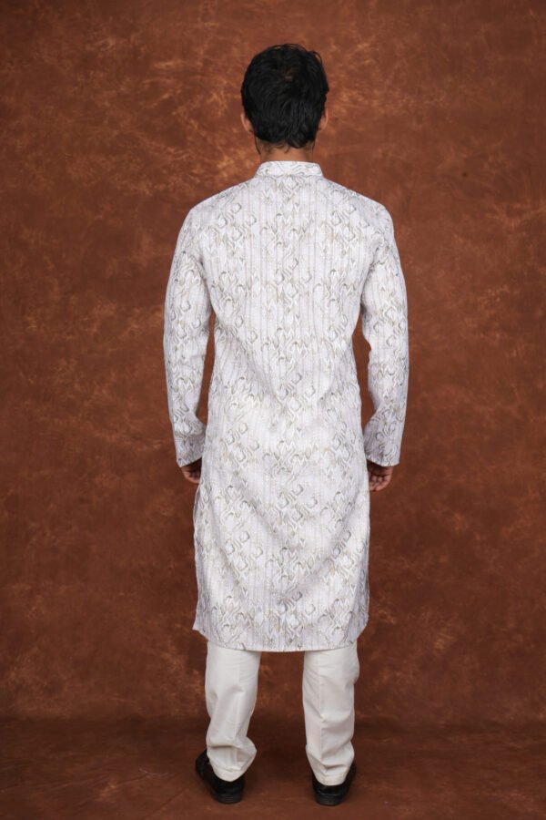 Men wearing light green heritage jacquard kurta with mandarin collar for wedding and festive wear