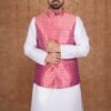 Men wearing red jacquard modi jacket with band collar for wedding and festive wear