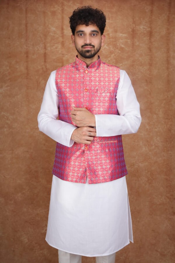 Men wearing red jacquard modi jacket with band collar for wedding and festive wear