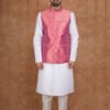 Men wearing red jacquard modi jacket with band collar for wedding and festive wear