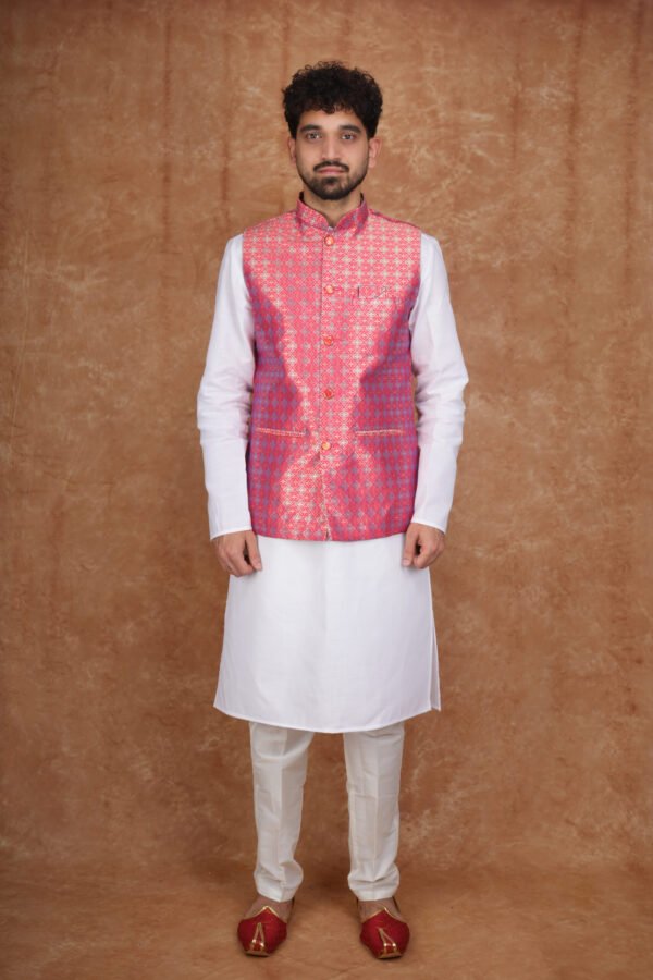 Men wearing red jacquard modi jacket with band collar for wedding and festive wear