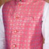 Men wearing red jacquard modi jacket with band collar for wedding and festive wear