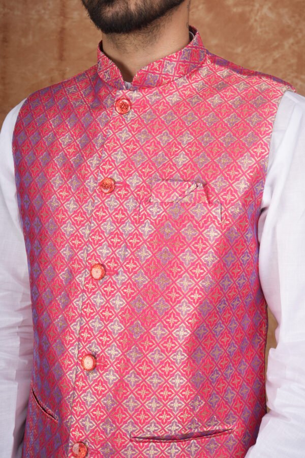 Men wearing red jacquard modi jacket with band collar for wedding and festive wear