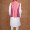 Men wearing red jacquard modi jacket with band collar for wedding and festive wear