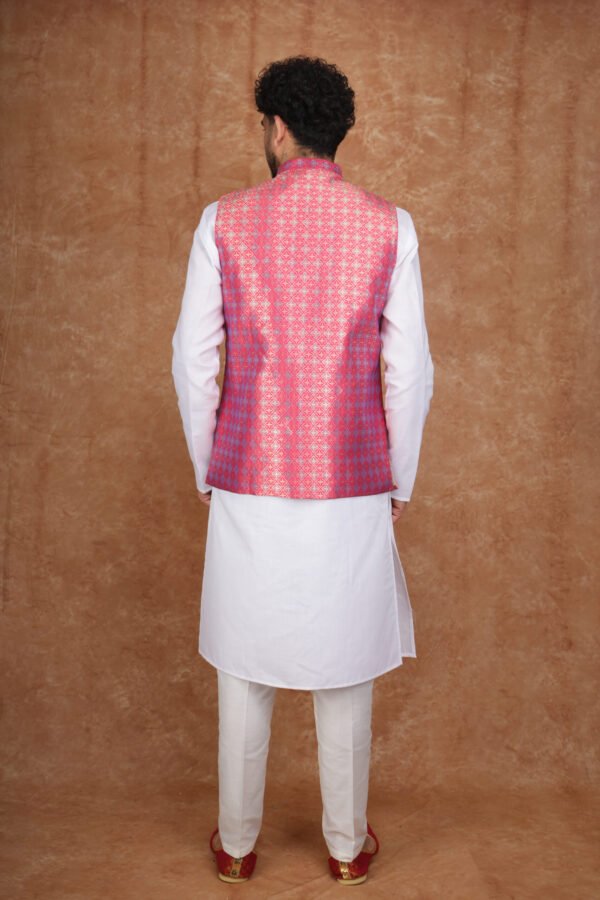 Men wearing red jacquard modi jacket with band collar for wedding and festive wear