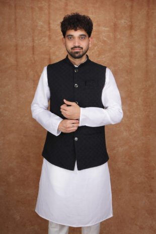 Men wearing black noir classic jacquard modi jacket with band collar for wedding and festive wear