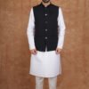 Men wearing black noir classic jacquard modi jacket with band collar for wedding and festive wear