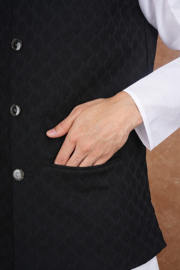 Men wearing black noir classic jacquard modi jacket with band collar for wedding and festive wear