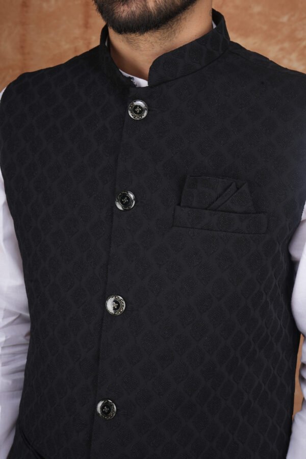 Men wearing black noir classic jacquard modi jacket with band collar for wedding and festive wear
