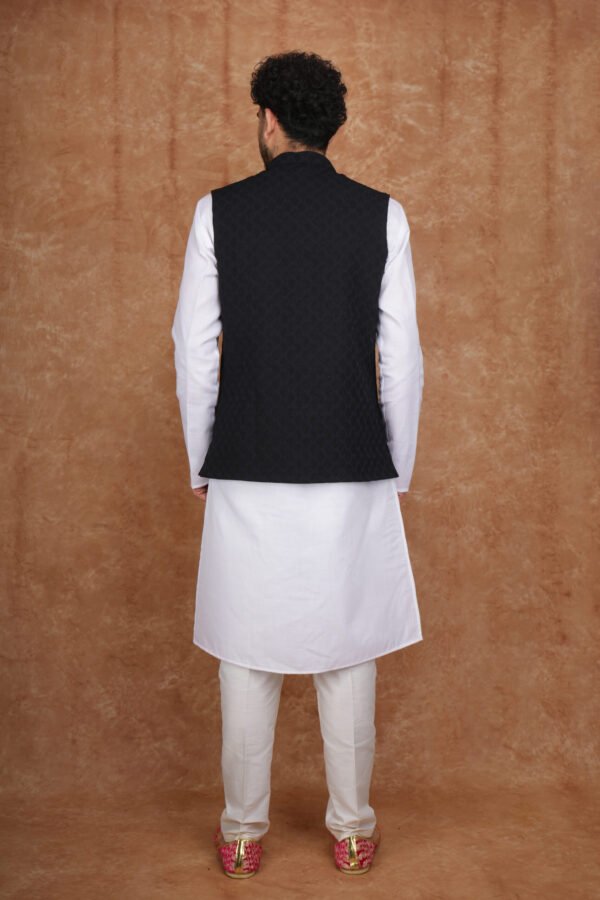 Men wearing black noir classic jacquard modi jacket with band collar for wedding and festive wear
