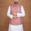 Men wearing pink folk art jacquard Modi jacket set with band collar for festive and wedding occasions