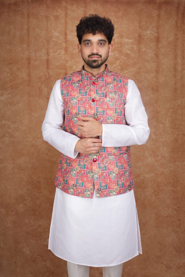Men wearing pink folk art jacquard Modi jacket set with band collar for festive and wedding occasions