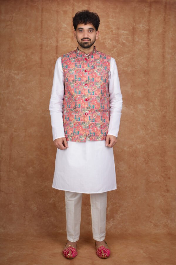 Men wearing pink folk art jacquard Modi jacket set with band collar for festive and wedding occasions