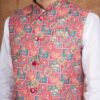 Men wearing pink folk art jacquard Modi jacket set with band collar for festive and wedding occasions