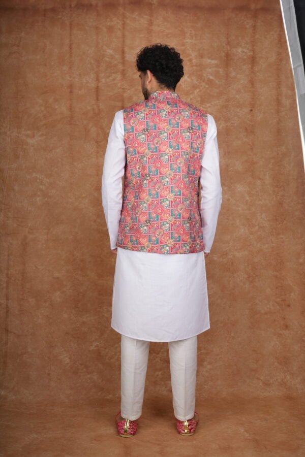 Men wearing pink folk art jacquard Modi jacket set with band collar for festive and wedding occasions