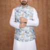 Men wearing green garden motif jacquard Modi jacket set with band collar for festive and wedding occasions