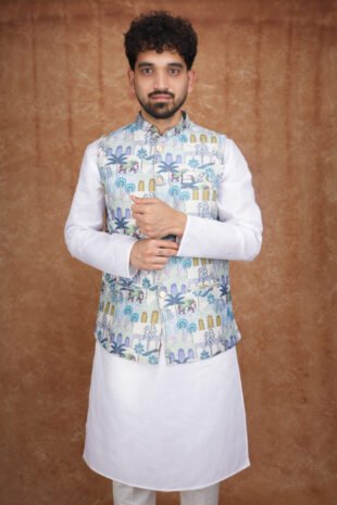 Men wearing green garden motif jacquard Modi jacket set with band collar for festive and wedding occasions