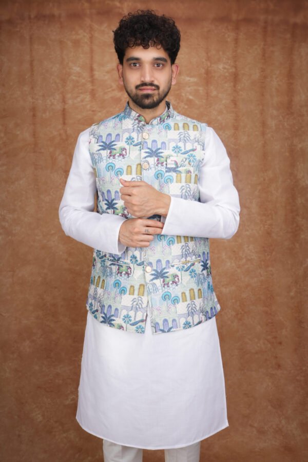 Men wearing green garden motif jacquard Modi jacket set with band collar for festive and wedding occasions