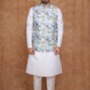 Men wearing green garden motif jacquard Modi jacket set with band collar for festive and wedding occasions