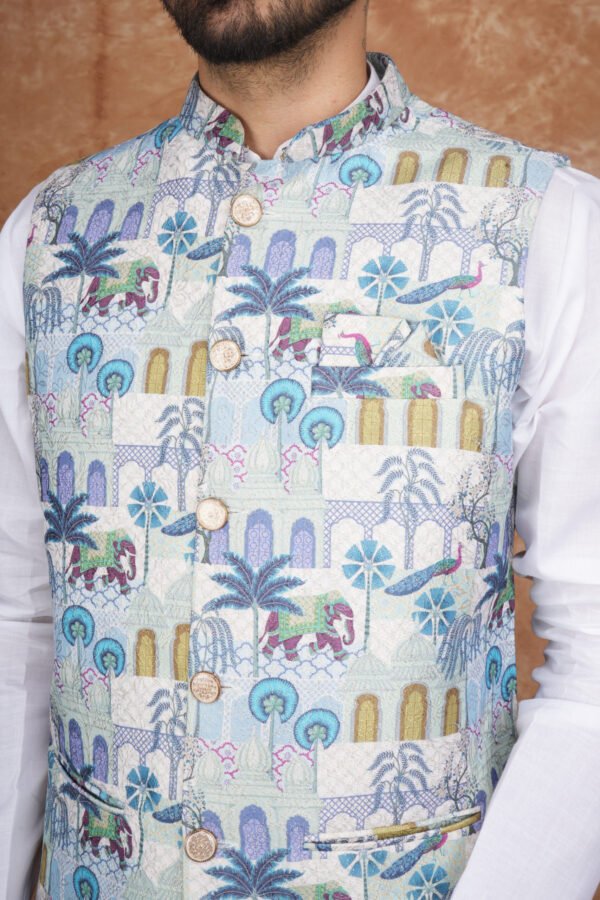 Men wearing green garden motif jacquard Modi jacket set with band collar for festive and wedding occasions