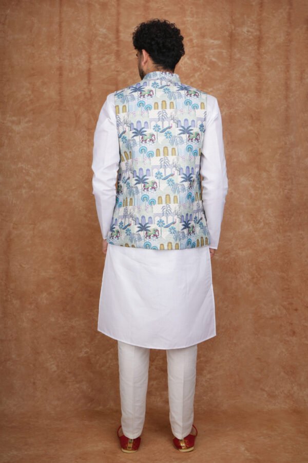Men wearing green garden motif jacquard Modi jacket set with band collar for festive and wedding occasions