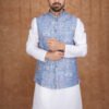 Men wearing blue mosaic jacquard Modi jacket set with band collar for festive and wedding occasions