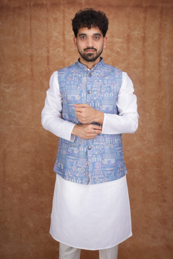 Men wearing blue mosaic jacquard Modi jacket set with band collar for festive and wedding occasions
