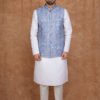 Men wearing blue mosaic jacquard Modi jacket set with band collar for festive and wedding occasions