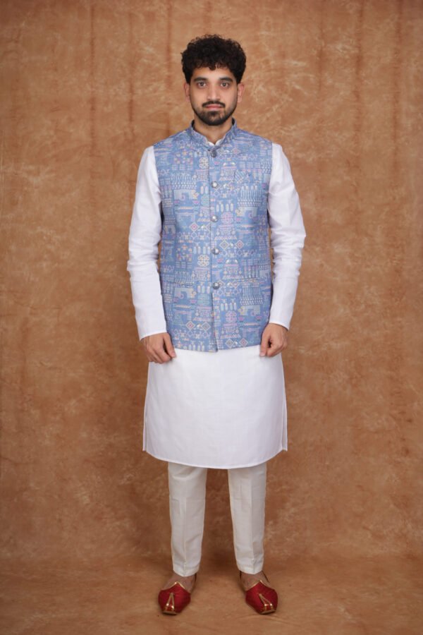 Men wearing blue mosaic jacquard Modi jacket set with band collar for festive and wedding occasions