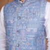 Men wearing blue mosaic jacquard Modi jacket set with band collar for festive and wedding occasions