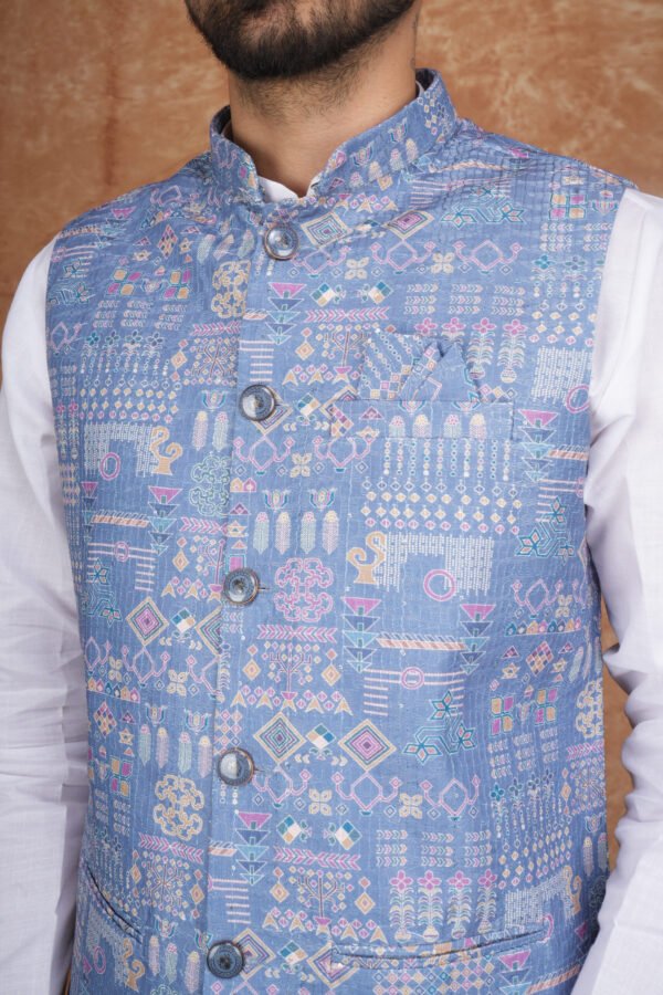 Men wearing blue mosaic jacquard Modi jacket set with band collar for festive and wedding occasions