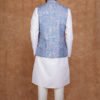 Men wearing blue mosaic jacquard Modi jacket set with band collar for festive and wedding occasions