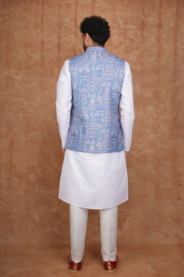 Men wearing blue mosaic jacquard Modi jacket set with band collar for festive and wedding occasions