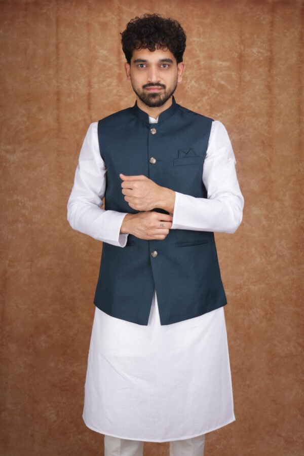 Men wearing dark green Rivayat Heritage jacquard Modi jacket with band collar for festive and wedding occasions