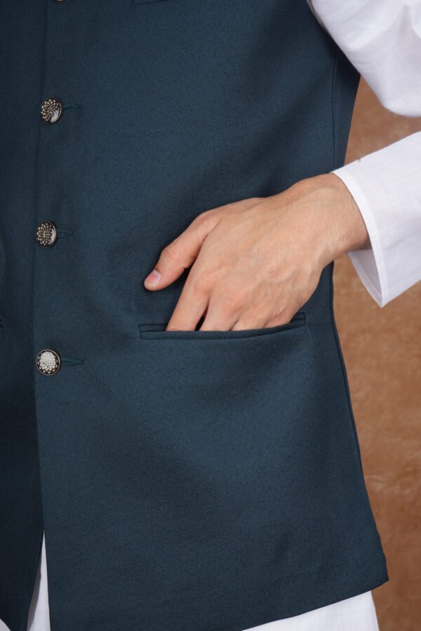 Men wearing dark green Rivayat Heritage jacquard Modi jacket with band collar for festive and wedding occasions