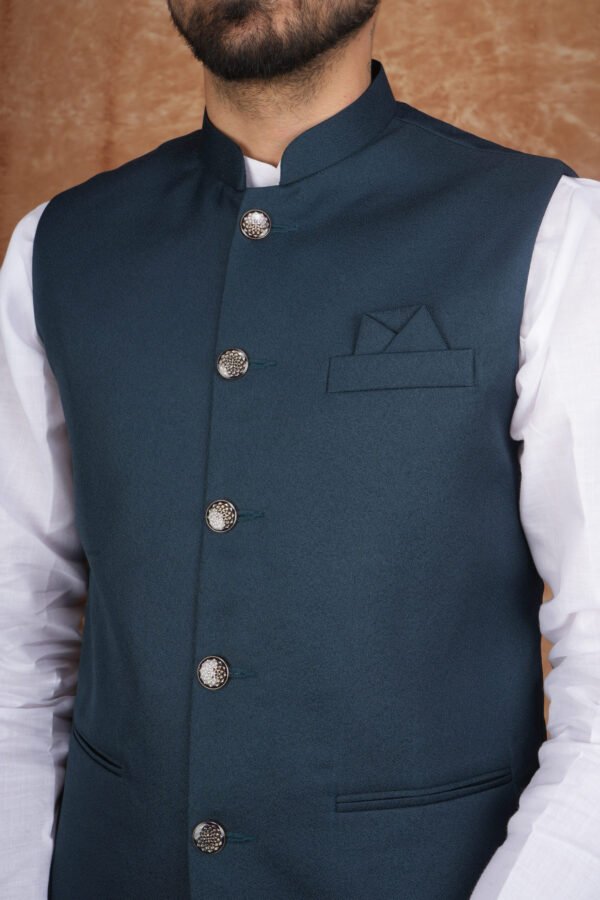 Men wearing dark green Rivayat Heritage jacquard Modi jacket with band collar for festive and wedding occasions