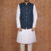Men wearing dark green Rivayat Heritage jacquard Modi jacket with band collar for festive and wedding occasions