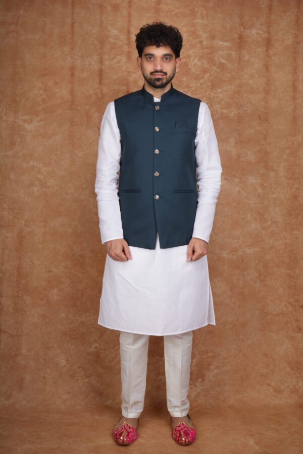 Men wearing dark green Rivayat Heritage jacquard Modi jacket with band collar for festive and wedding occasions